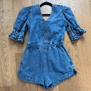Sea New York Dagmar Denim Puff Sleeve Romper - Size 4 - Like New